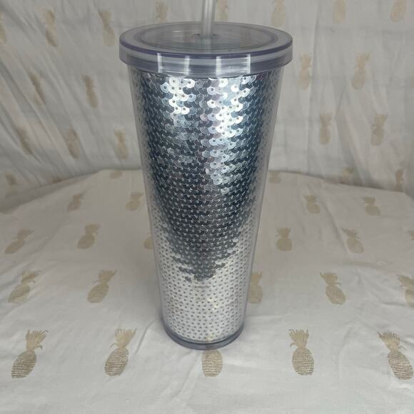 Starbucks Holiday 2017 Limited Edition Silver Sequin 24 oz cold cup NEW STRAW - Picture 3 of 5